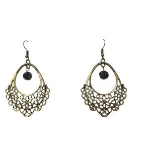 Brass Filigree Teardrop Earrings With Black Beads